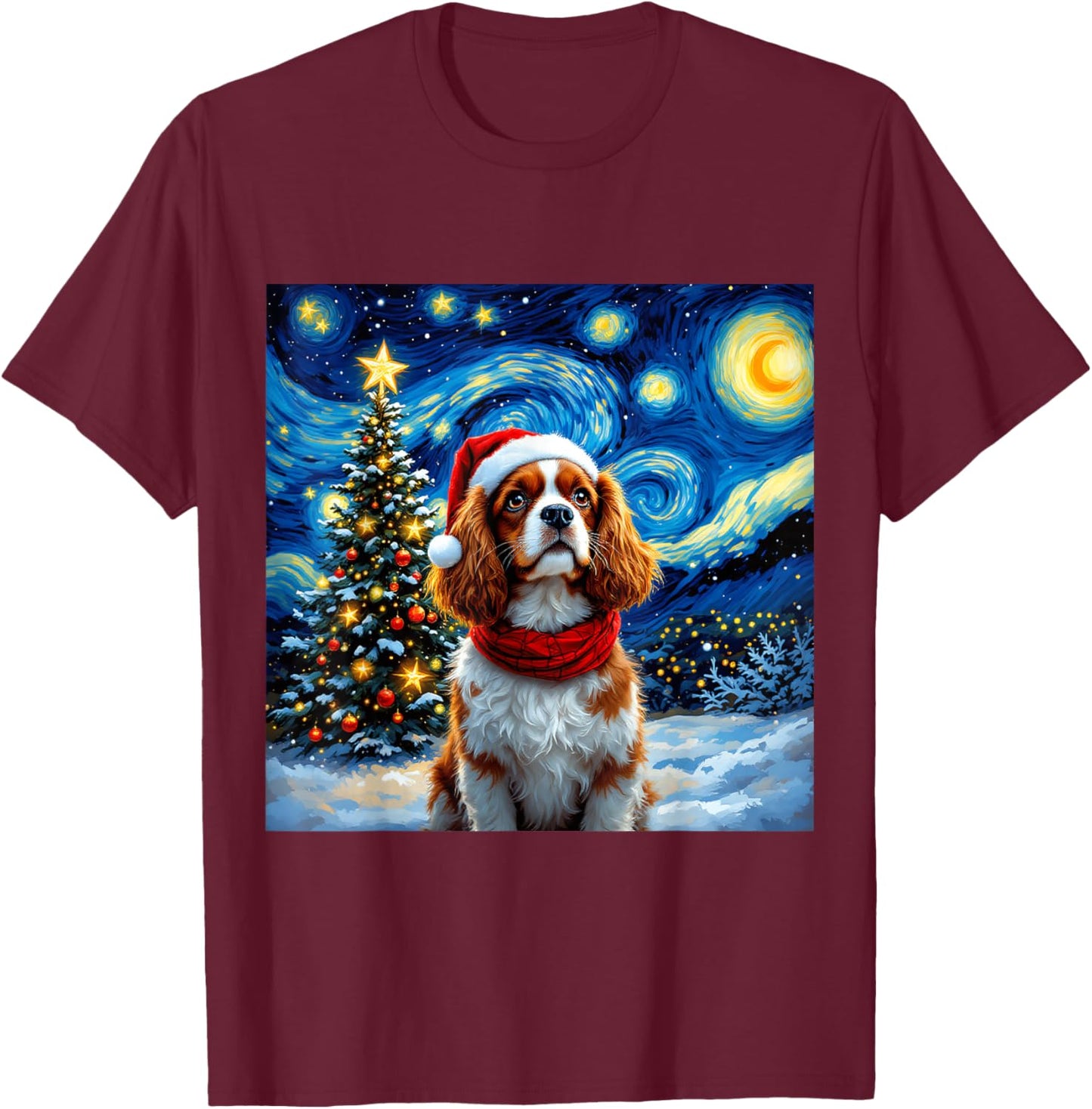 Cavalier King Charles Spaniel Starry Night Christmas Holiday T-Shirt - T-Shirt | Maroon