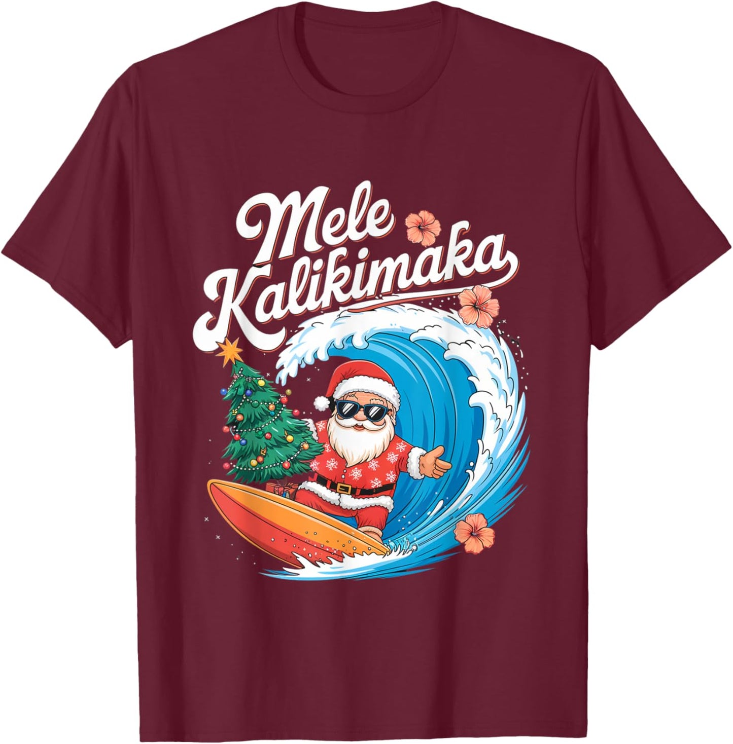 Vintage Cute Mele Kalikimaka Christmas Santa Surfing Costume T-Shirt - T-Shirt | Maroon