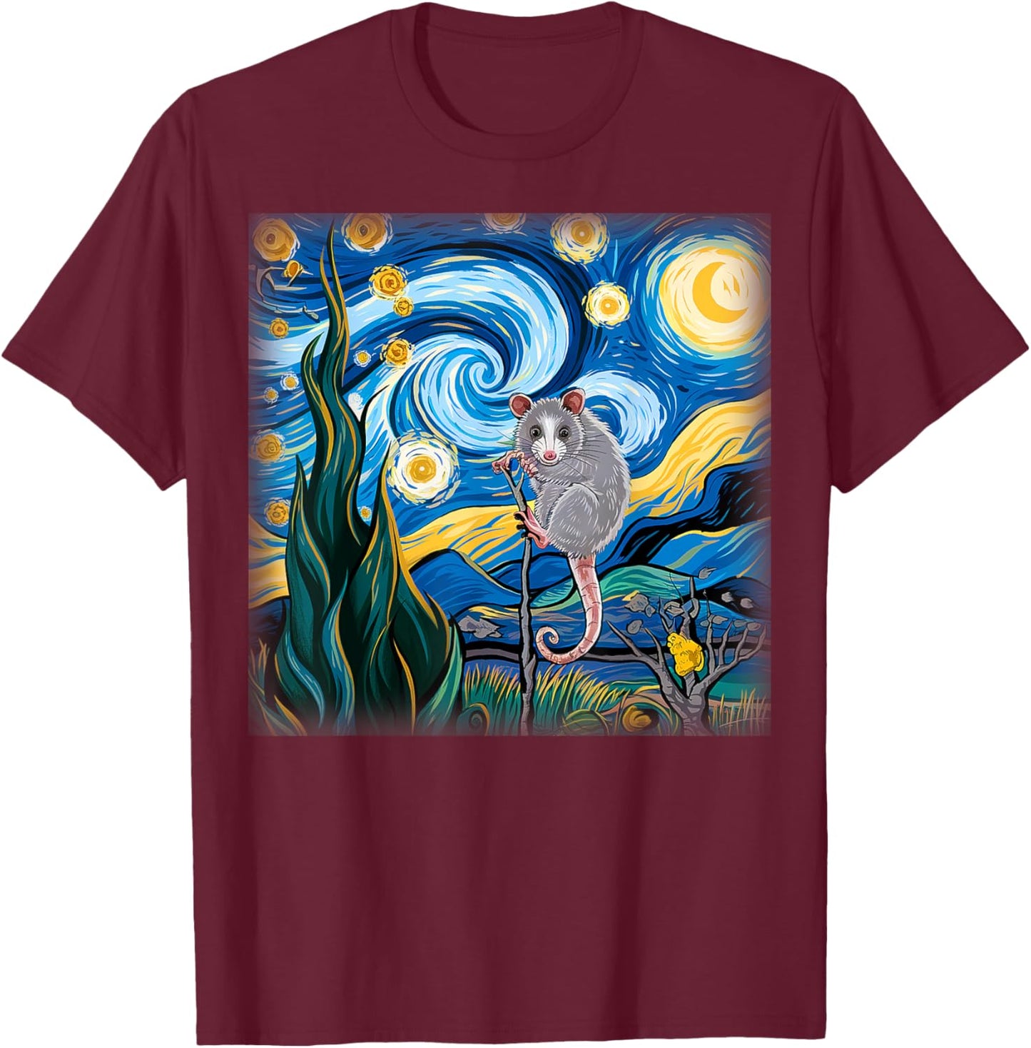 Starry Night Opossum Van Gogh Possum Rodent Gifts Men Women T-Shirt - T-Shirt | Maroon