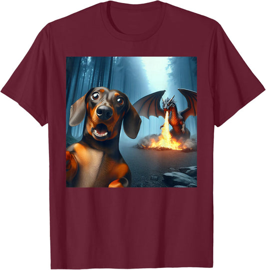 Dachshund Selfie with dragon surprised Dachshund dragon T-Shirt - T-Shirt | Maroon