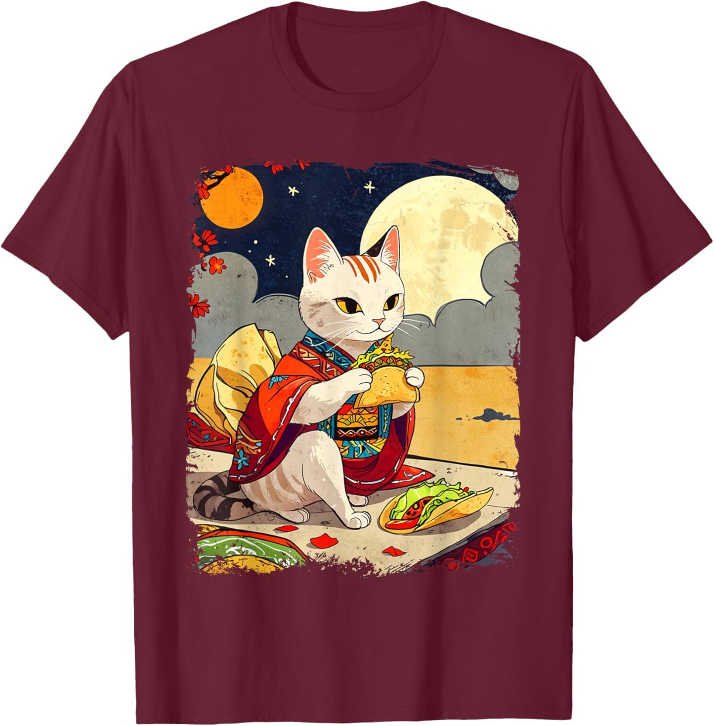 Cat Eating Tacos Funny Taco Cat Ukiyo-e Art Mexican Cat T-Shirt - T-Shirt | Maroon