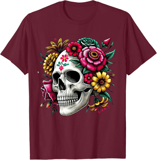 Floral Skull Flowers Dia De Los Muertos Mexico Sugar Skull T-Shirt - T-Shirt | Maroon