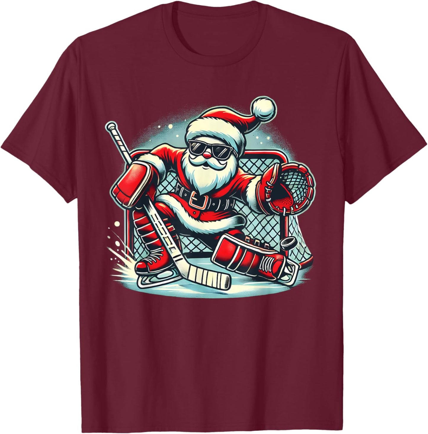 Funny Santa Playing Ice Hockey Lovers Boys Girls Christmas T-Shirt - T-Shirt | Maroon