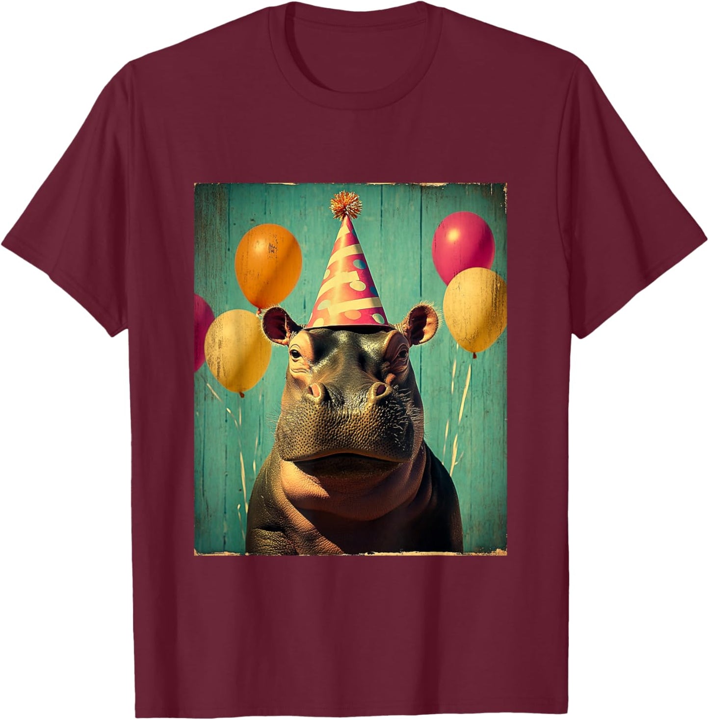 Hippo Retro Art Print Birthday Party Balloons & Party Hat T-Shirt - T-Shirt | Maroon