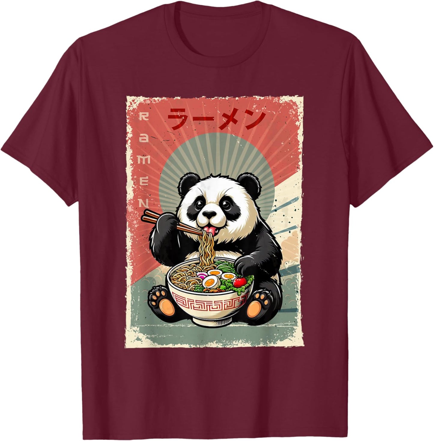 Panda Eating Ramen Japanese Noodles Soup T-Shirt - T-Shirt | Maroon