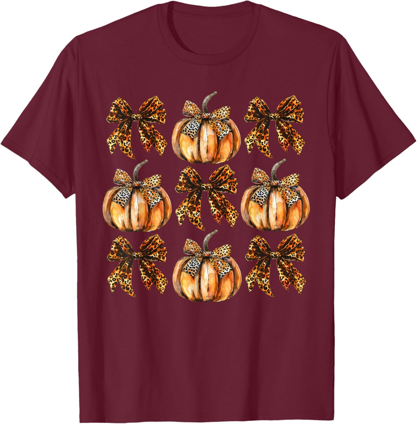 Leopard Coquette Bow Pumpkin Thanksgiving Autumn Fall Leaves T-Shirt - T-Shirt | Maroon