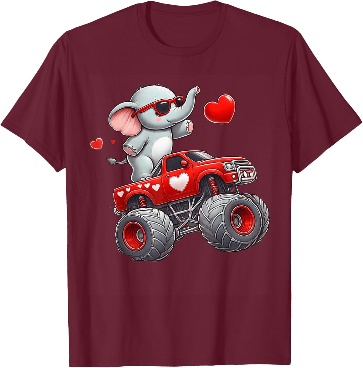 Valentines Day Elephant Riding Monster Truck Cute Boys Girls T-Shirt - T-Shirt | Maroon