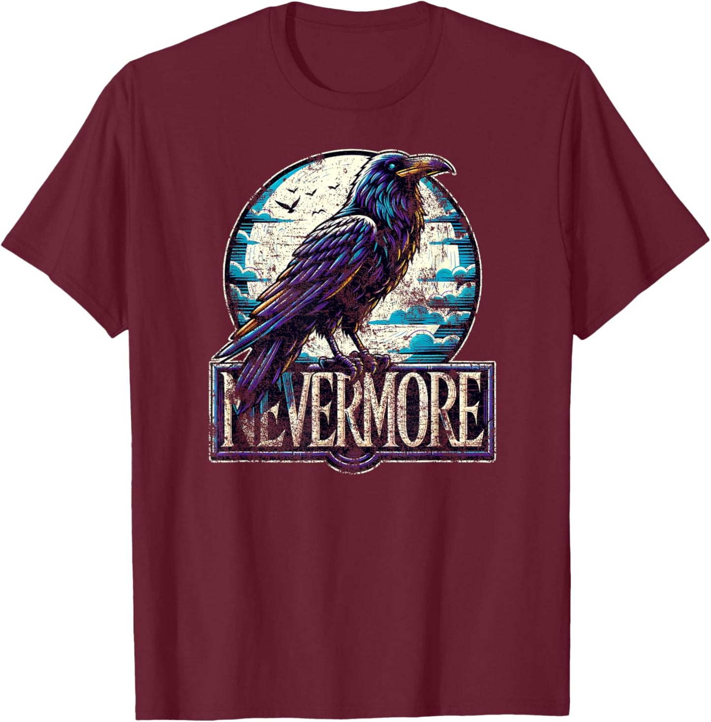 Nevermore with Raven Edgar Allan Poe Distressed T-Shirt - T-Shirt | Maroon