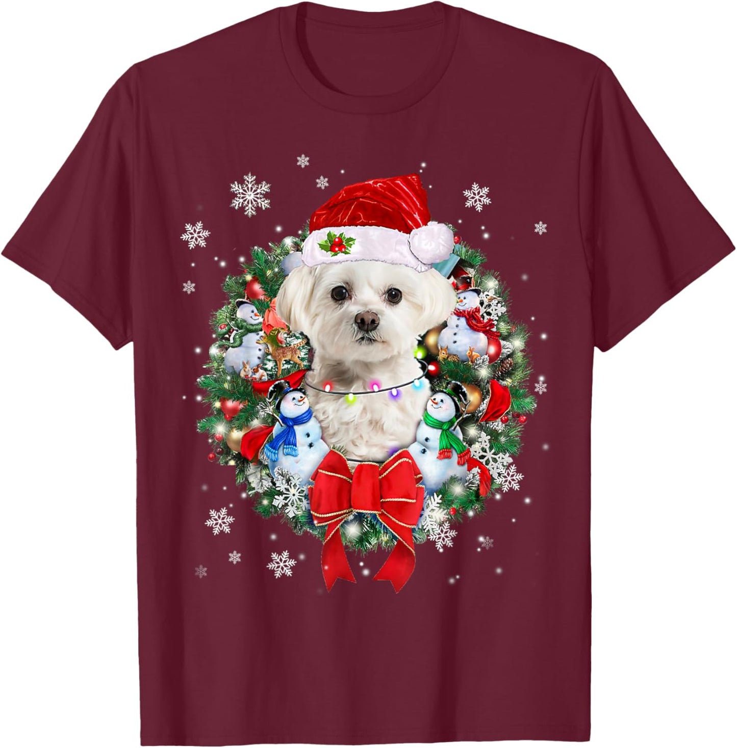 Maltese Christmas Wreath Decoration Xmas Pajamas T-Shirt - T-Shirt | Maroon