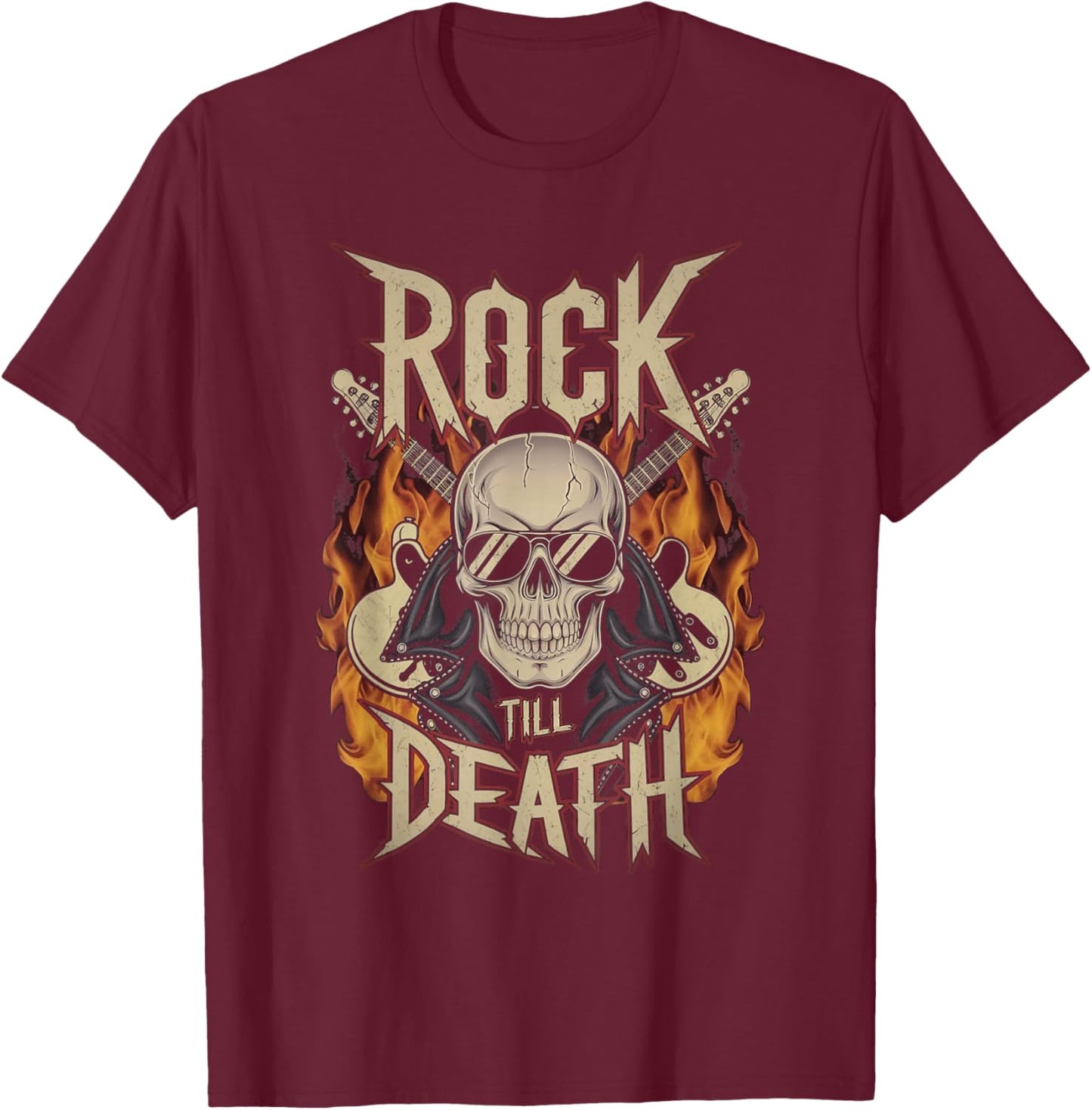 Skull and Flames Rock Till Death T-Shirt - T-Shirt | Maroon