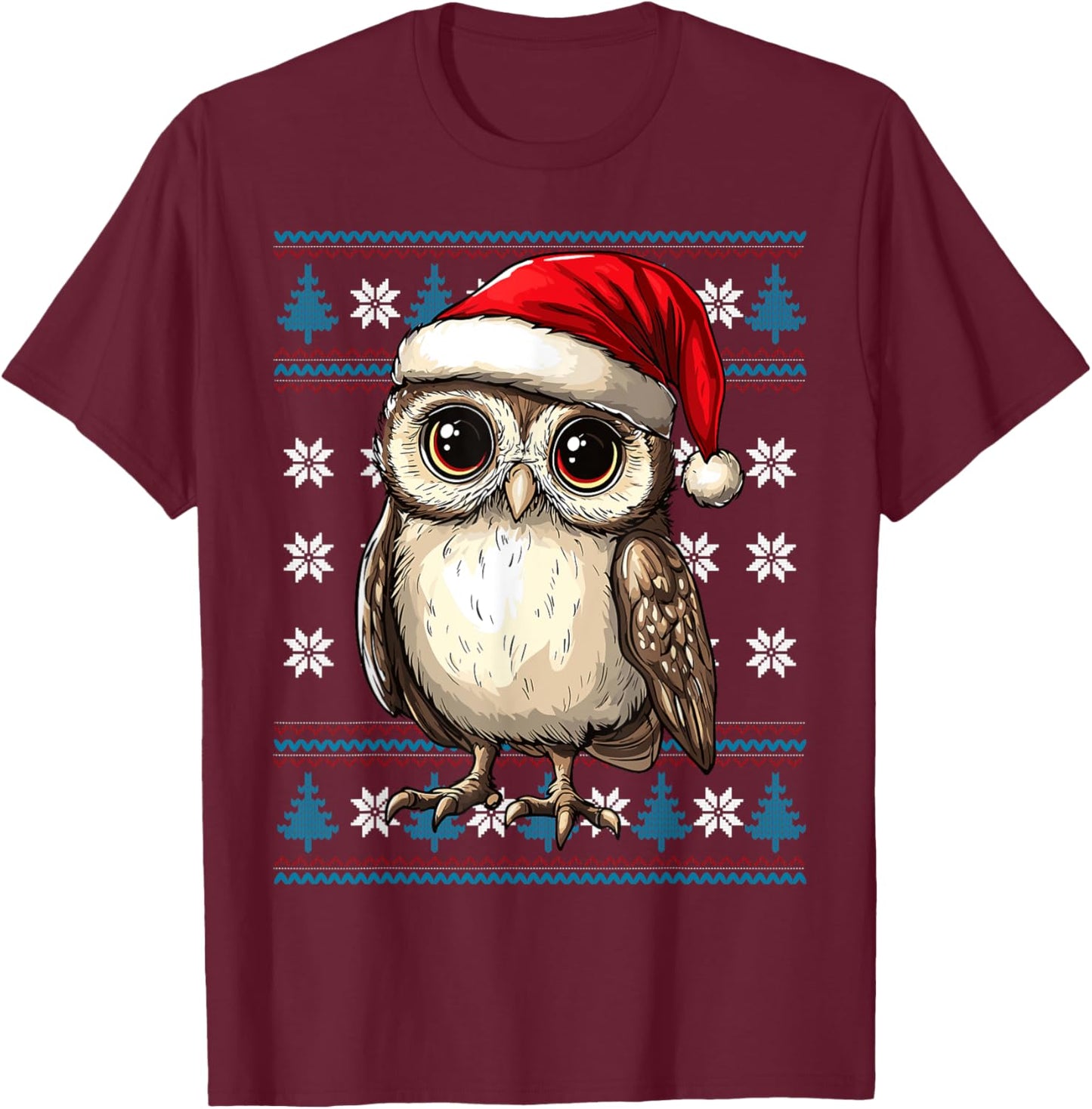 Owl Santa Hat Ugly Christmas Sweater Owl Lovers Holiday T-Shirt - T-Shirt | Maroon