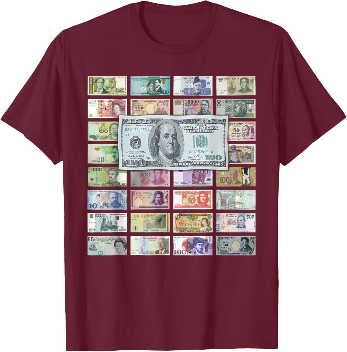 Global Currencies, World Money & 100 Dollar Bill Design T-Shirt - T-Shirt | Maroon