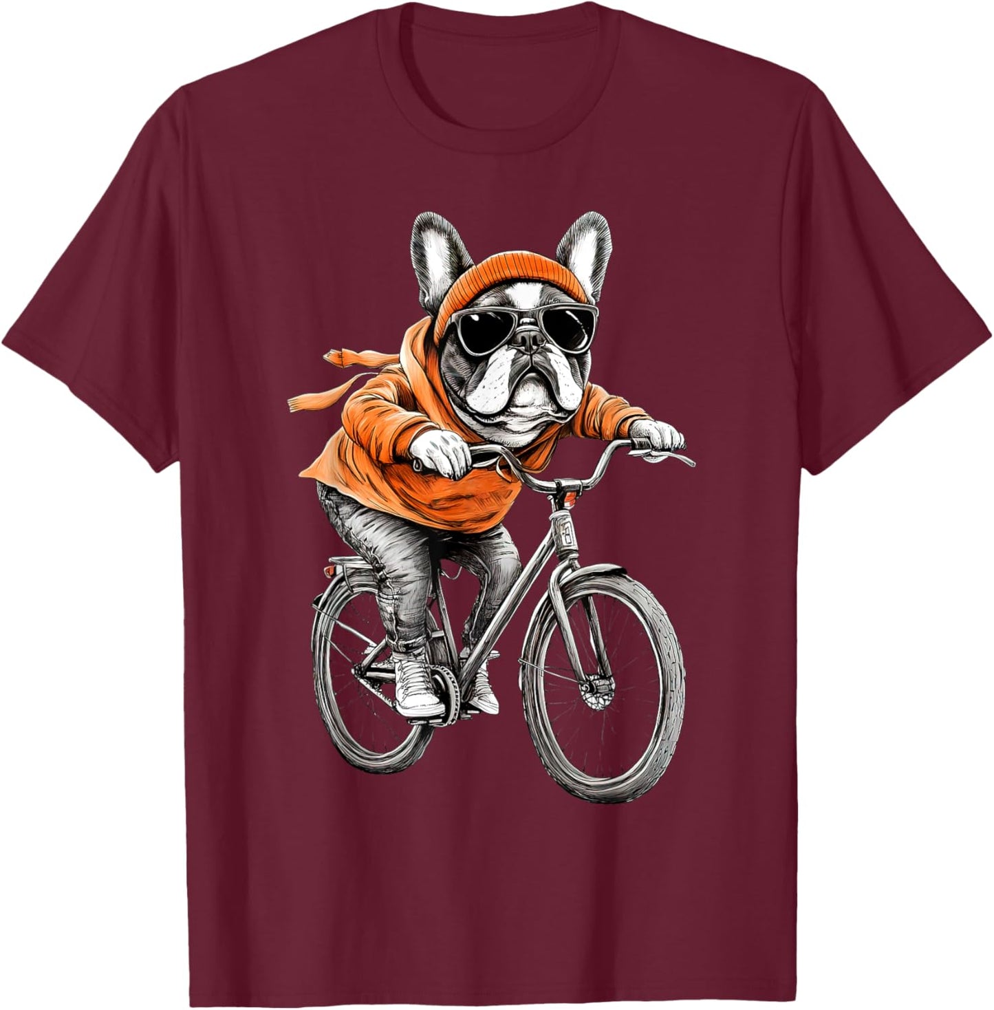 Retro Winter French Bulldog Riding Bicycle Biker Cyclist T-Shirt - T-Shirt | Maroon