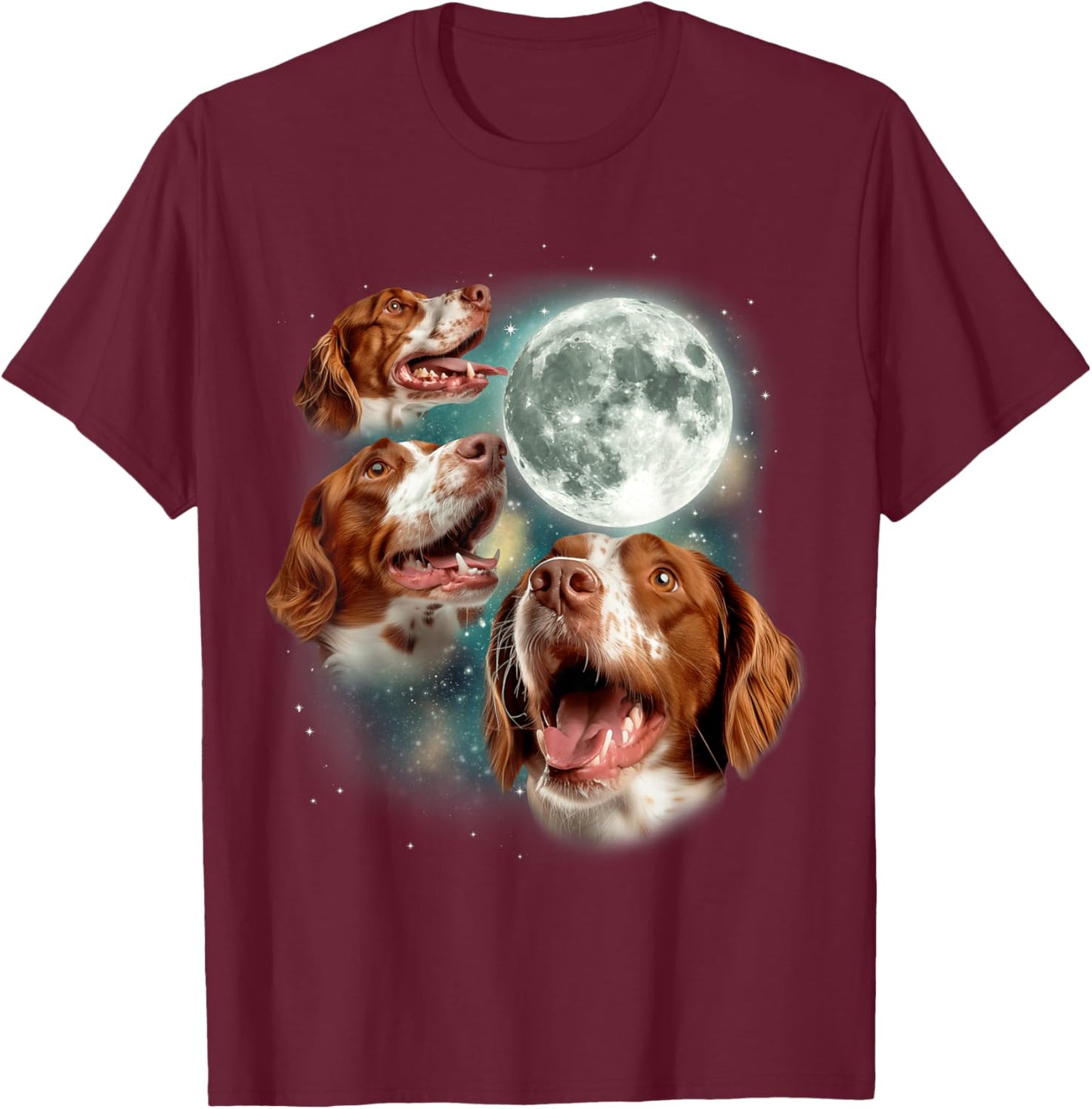 Three Brittany Spaniel Moon | 3 Spaniels Howling at Moon Dog T-Shirt - T-Shirt | Maroon