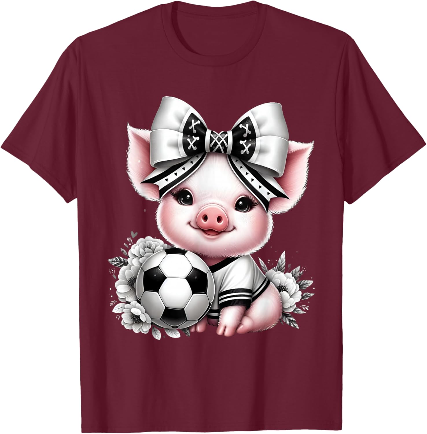 Cute Pig Black & White Soccer Coquette Bow Soccer Player Pig T-Shirt - T-Shirt | Maroon