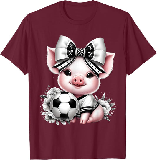 Cute Pig Black & White Soccer Coquette Bow Soccer Player Pig T-Shirt - T-Shirt | Maroon