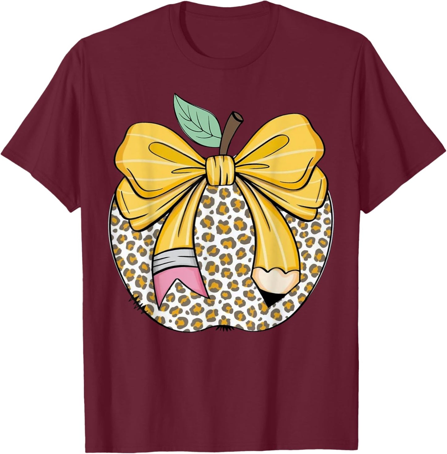 Teacher Coquette Pencil Bow And Apple Teacher T-Shirt - T-Shirt | Maroon