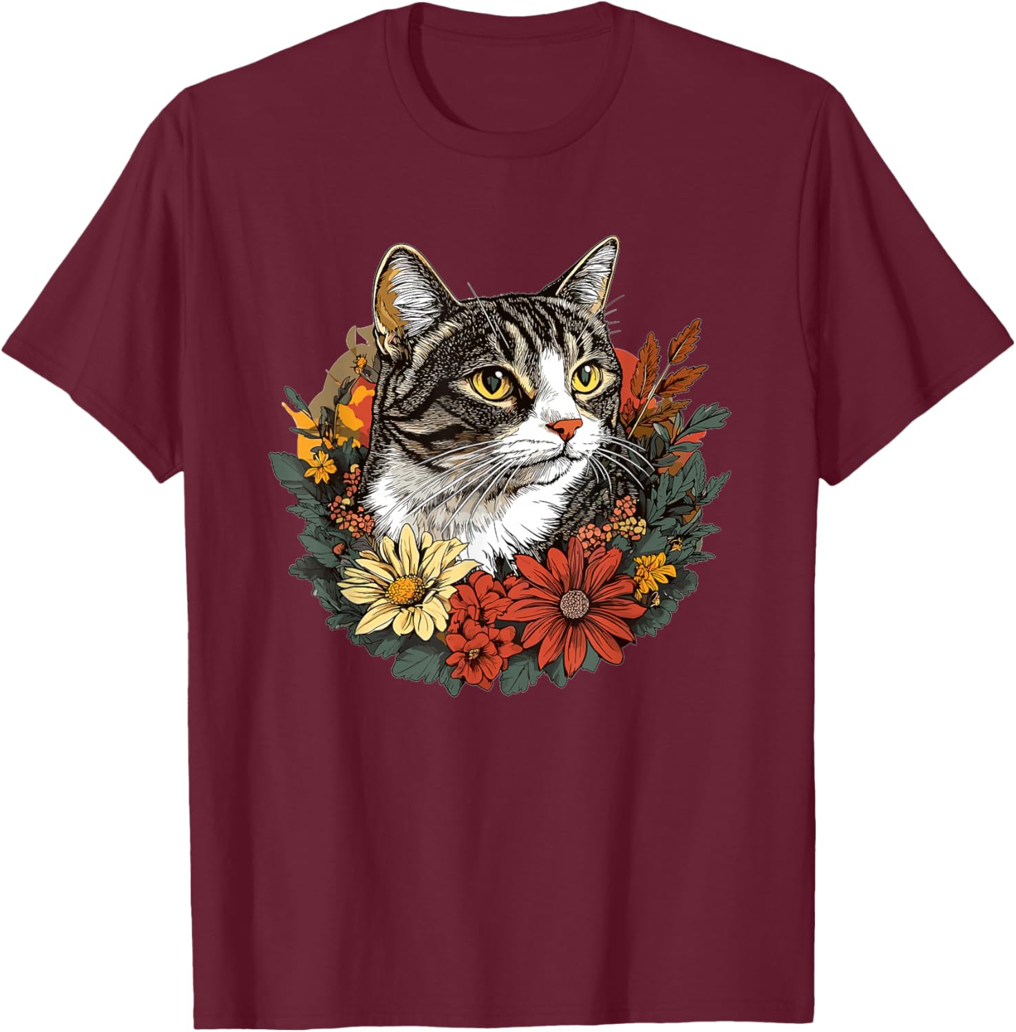 Tabby Cat Surrounded By Colorful Flowers T-Shirt - T-Shirt | Maroon