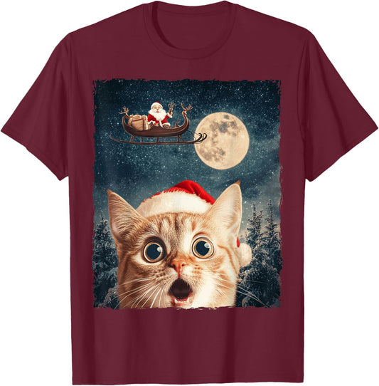 Funny Cat Selfie Santa Moon Xmas Christmas T-Shirt - T-Shirt | Maroon