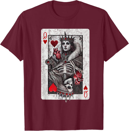 Playing Card Queen of Hearts Death Skeleton Halloween T-Shirt - T-Shirt | Maroon