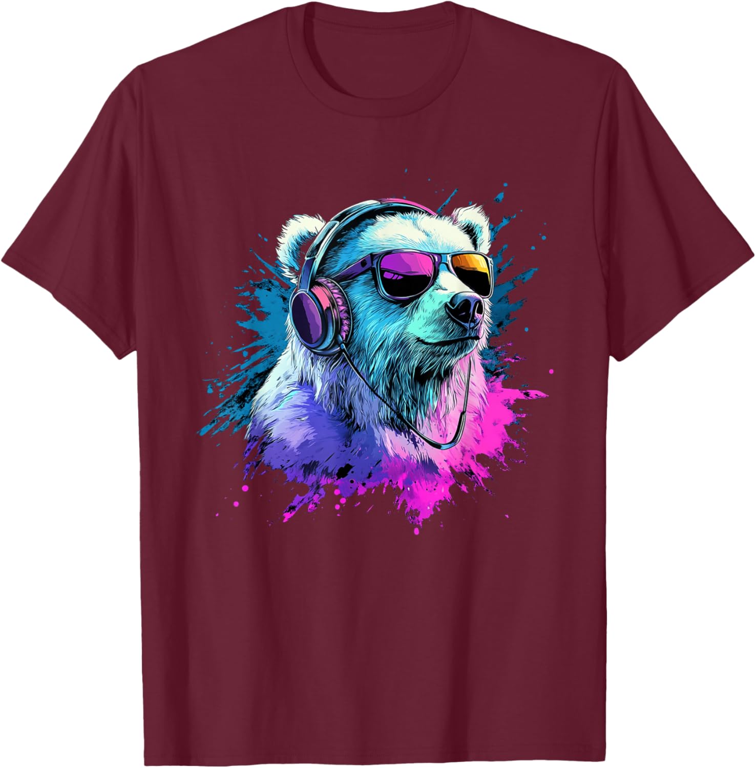 Polar Bear Colorful Music Headphones Artistic Polar Bears T-Shirt - T-Shirt | Maroon
