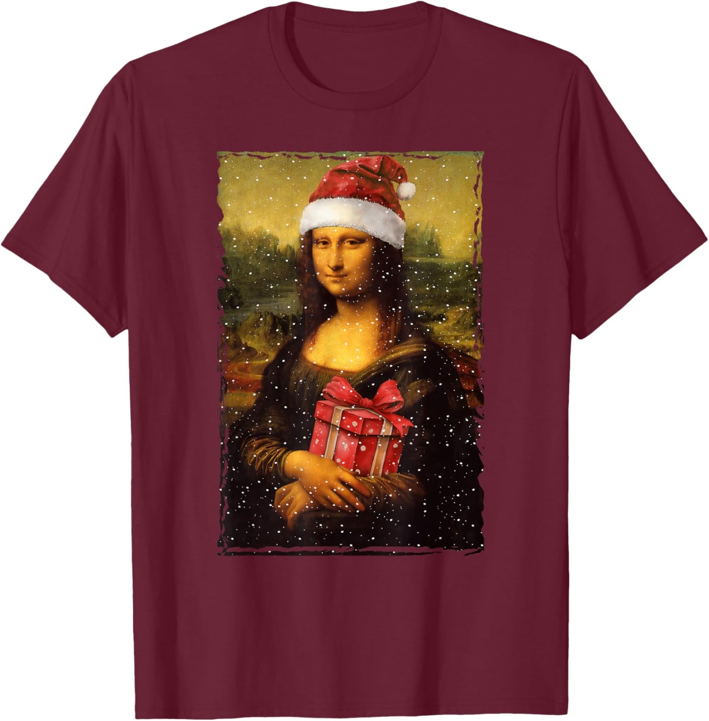 Mona Lisa Christmas Santa Hat Art Teacher T-Shirt - T-Shirt | Maroon