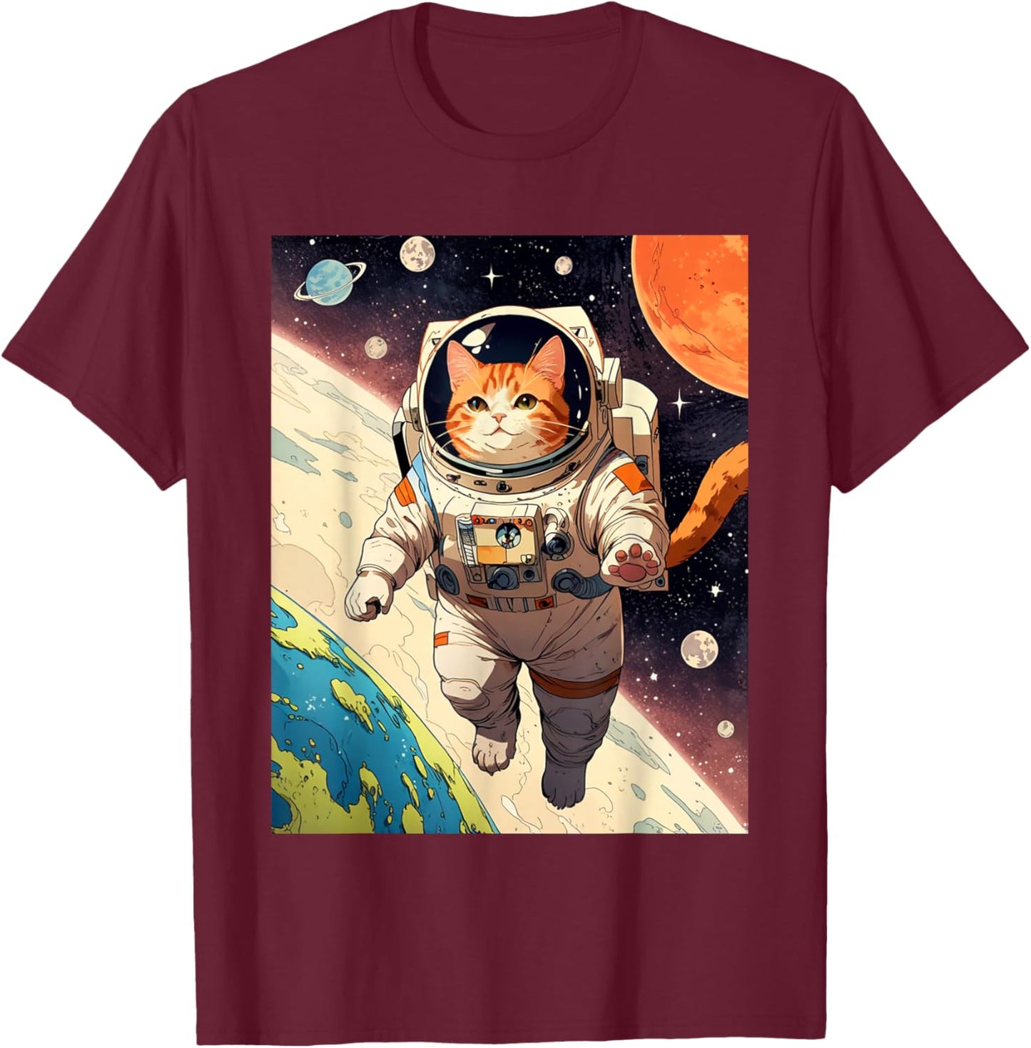 Astronaut Cat - Funny Space Cat Japanese Retro Kawaii Cute T-Shirt - T-Shirt | Maroon