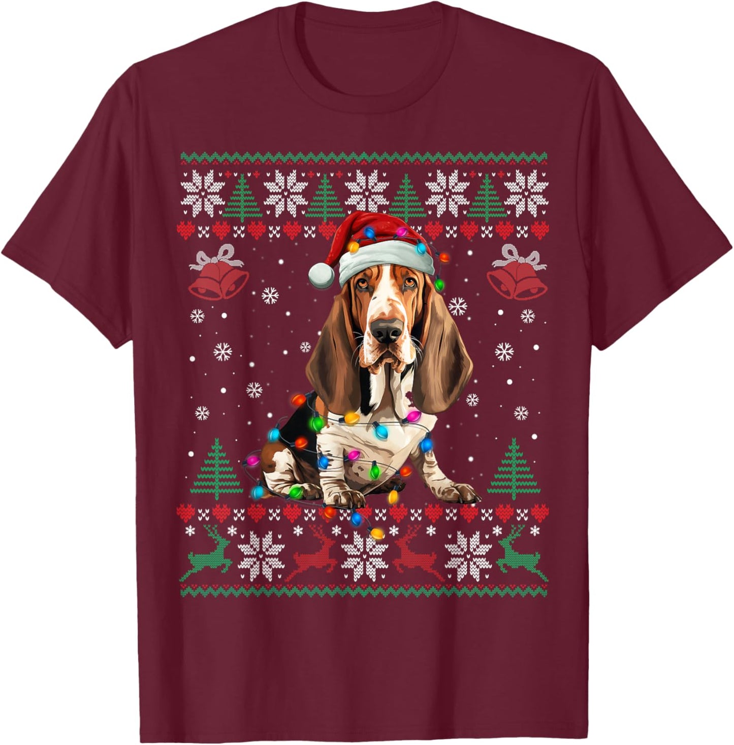 Dog Christmas Lights Ugly Sweater Basset Hound Dog Xmas T-Shirt - T-Shirt | Maroon