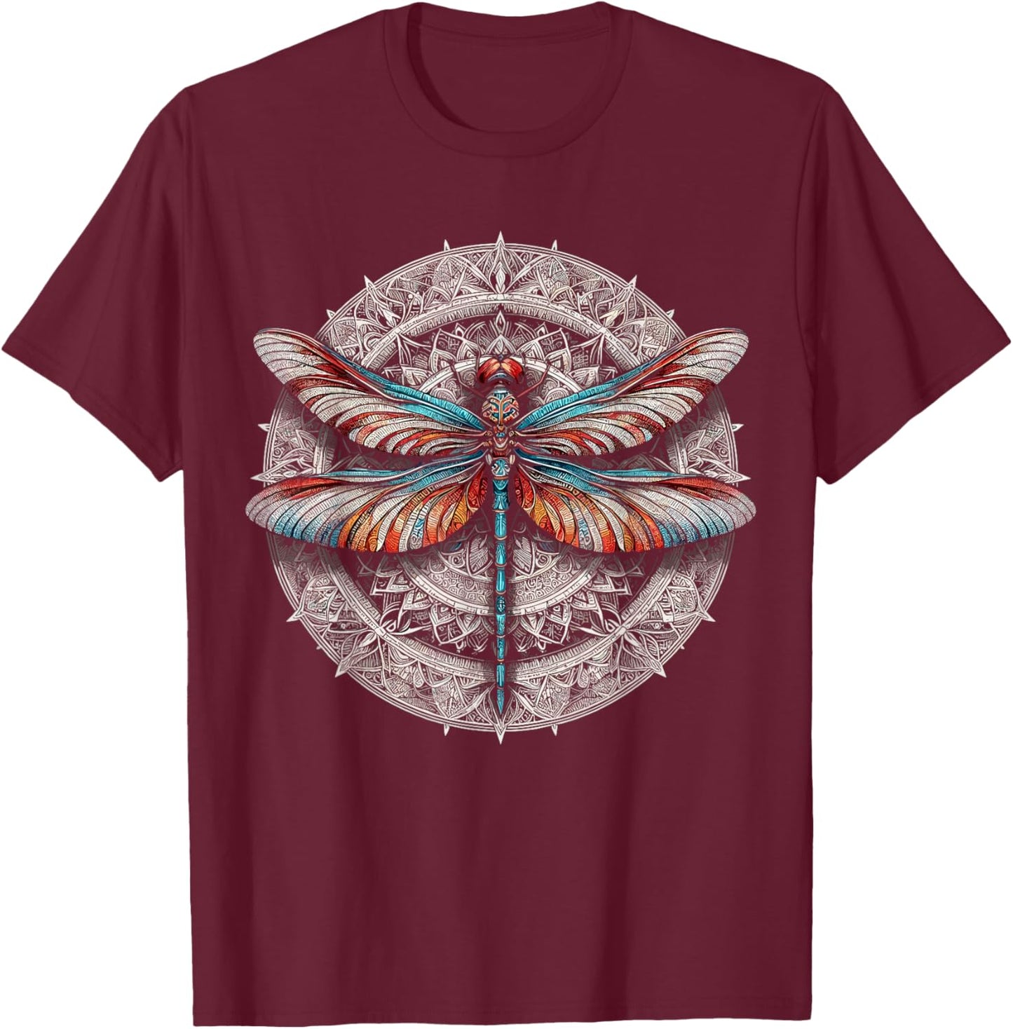 Colorful Mandala Dragonfly T-Shirt - T-Shirt | Maroon