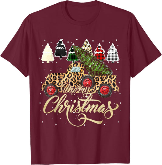 Leopard Truck Plaid Leopard Christmas Tree Merry Christmas T-Shirt - T-Shirt | Maroon
