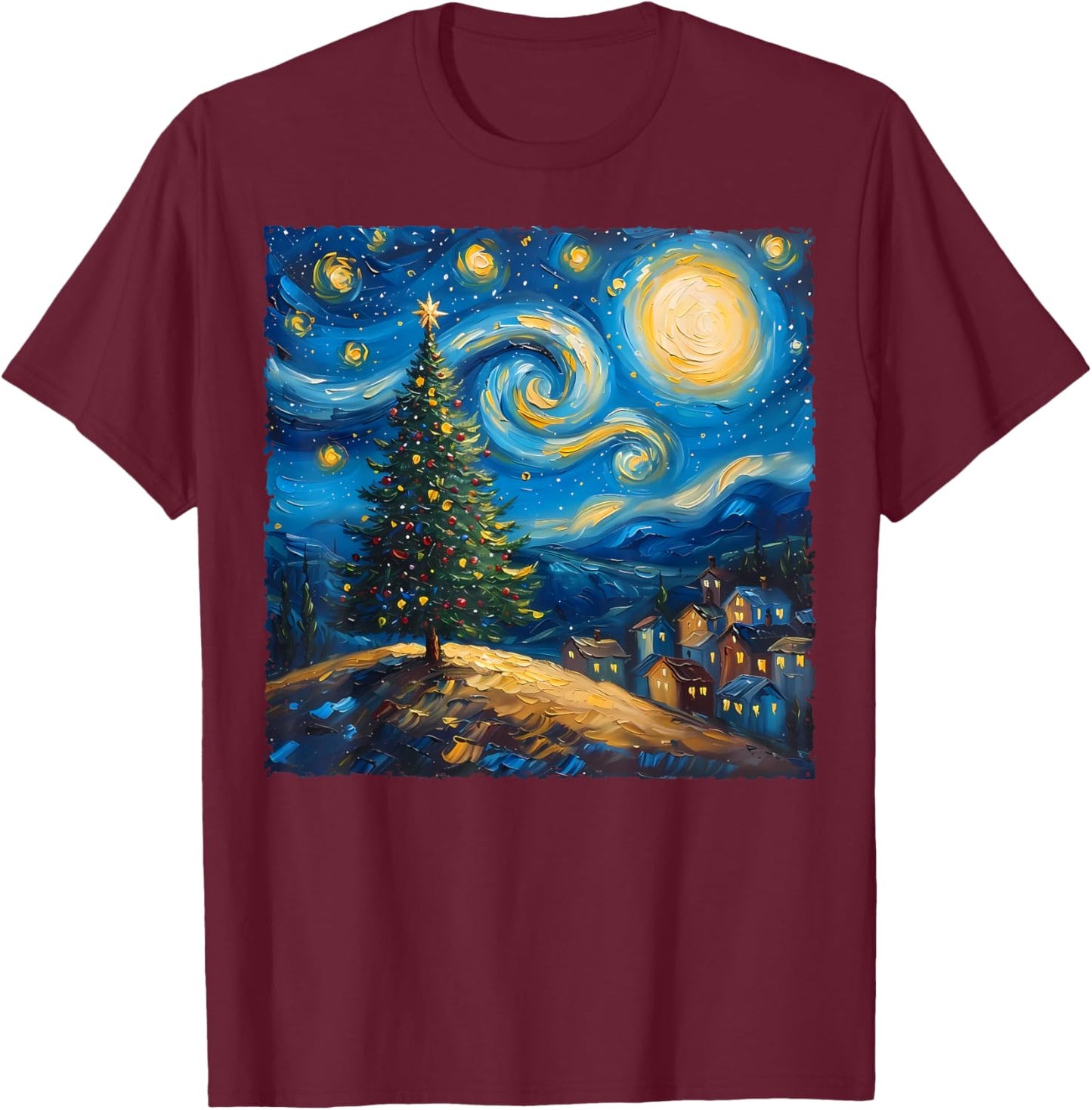 Van Gogh Style The Starry Night Christmas Tree Village Art T-Shirt - T-Shirt | Maroon