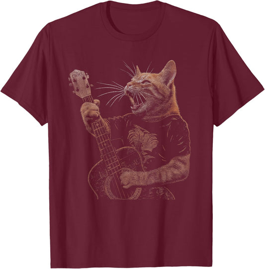 Funny Cat Guitar - Rock and Roll Music Band Concert Vintage Women Kids T-Shirt - T-Shirt | Maroon