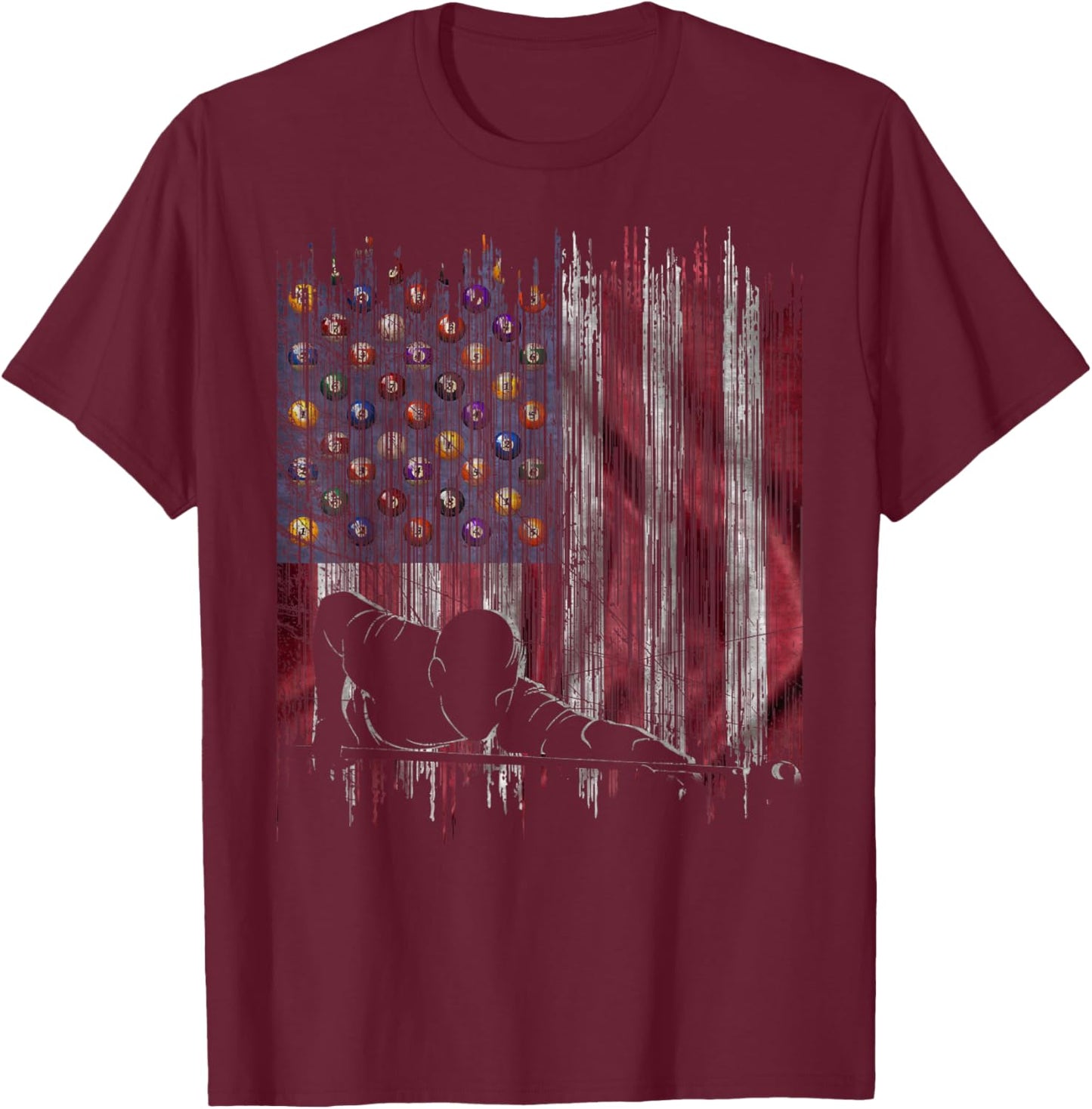 Vintage USA Flag Pool Billiards Player Silhouette T-Shirt - T-Shirt | Maroon