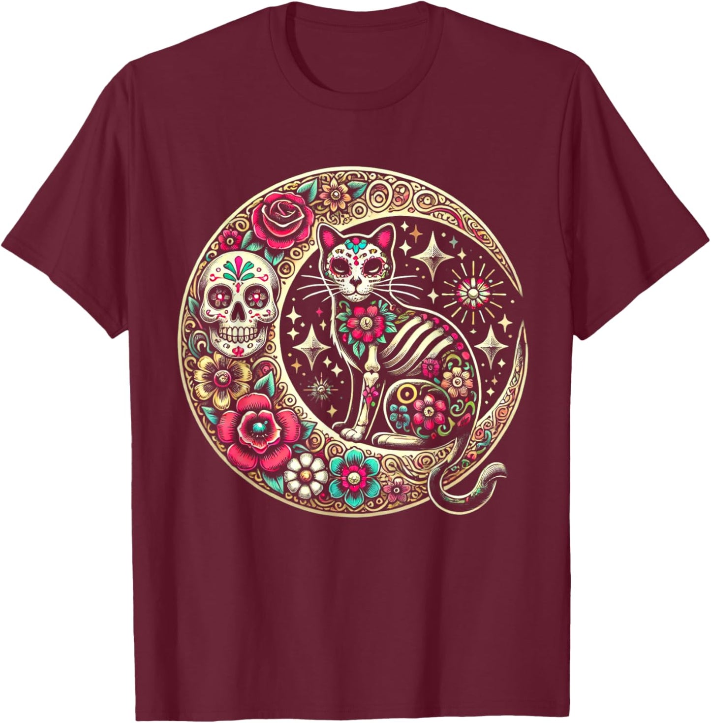 Cat Moon Dia De Los Muertos Day Of The Dead Sugar Skull T-Shirt - T-Shirt | Maroon