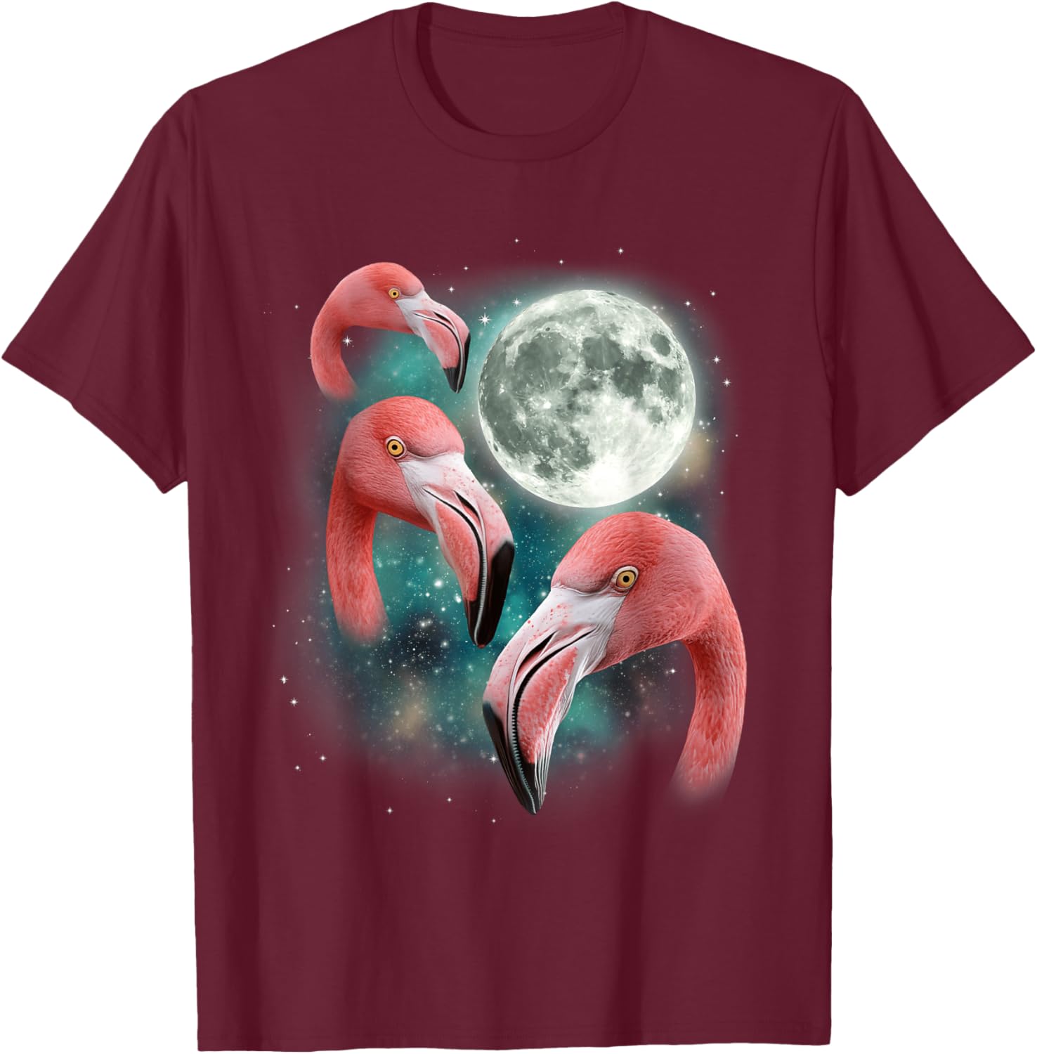 Three Flamingo Moon | Funny 3 Flamingos Bird Tropical Meme T-Shirt - T-Shirt | Maroon