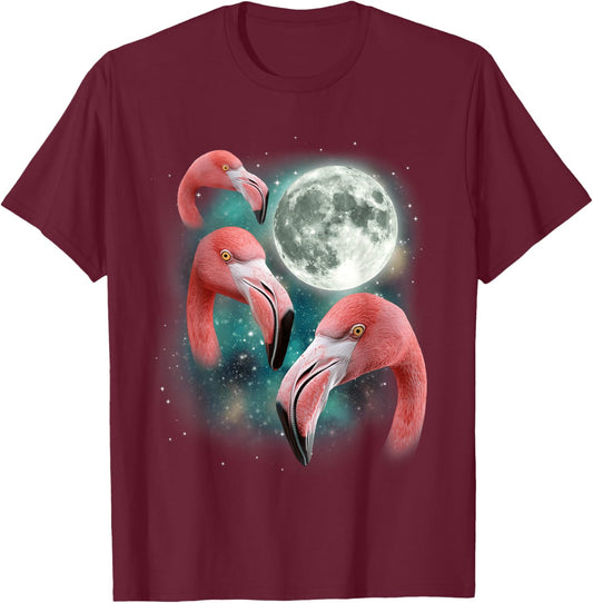 Three Flamingo Moon | Funny 3 Flamingos Bird Tropical Meme T-Shirt - T-Shirt | Maroon