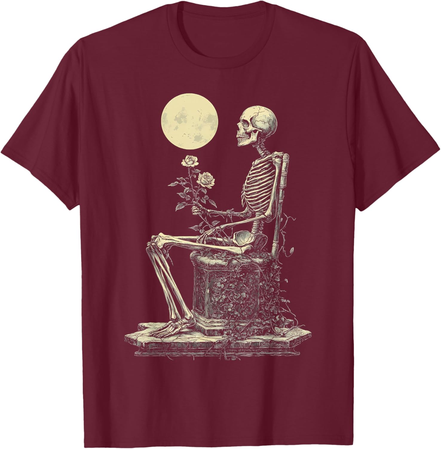 Satanic Skull Rose Gothic Skeleton Holding Rose T-Shirt - T-Shirt | Maroon
