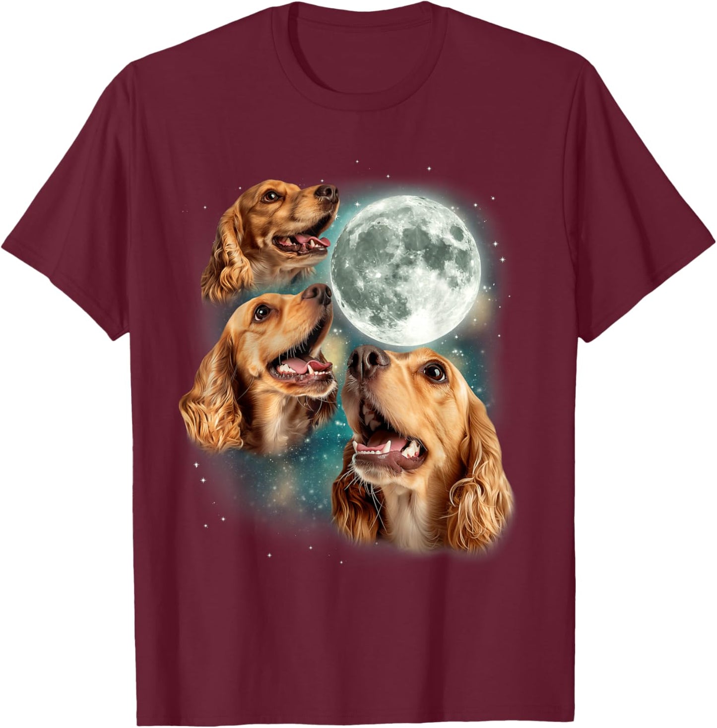 Three Cocker Spaniel Moon | 3 Canines Howling Cute Dog Lover T-Shirt - T-Shirt | Maroon