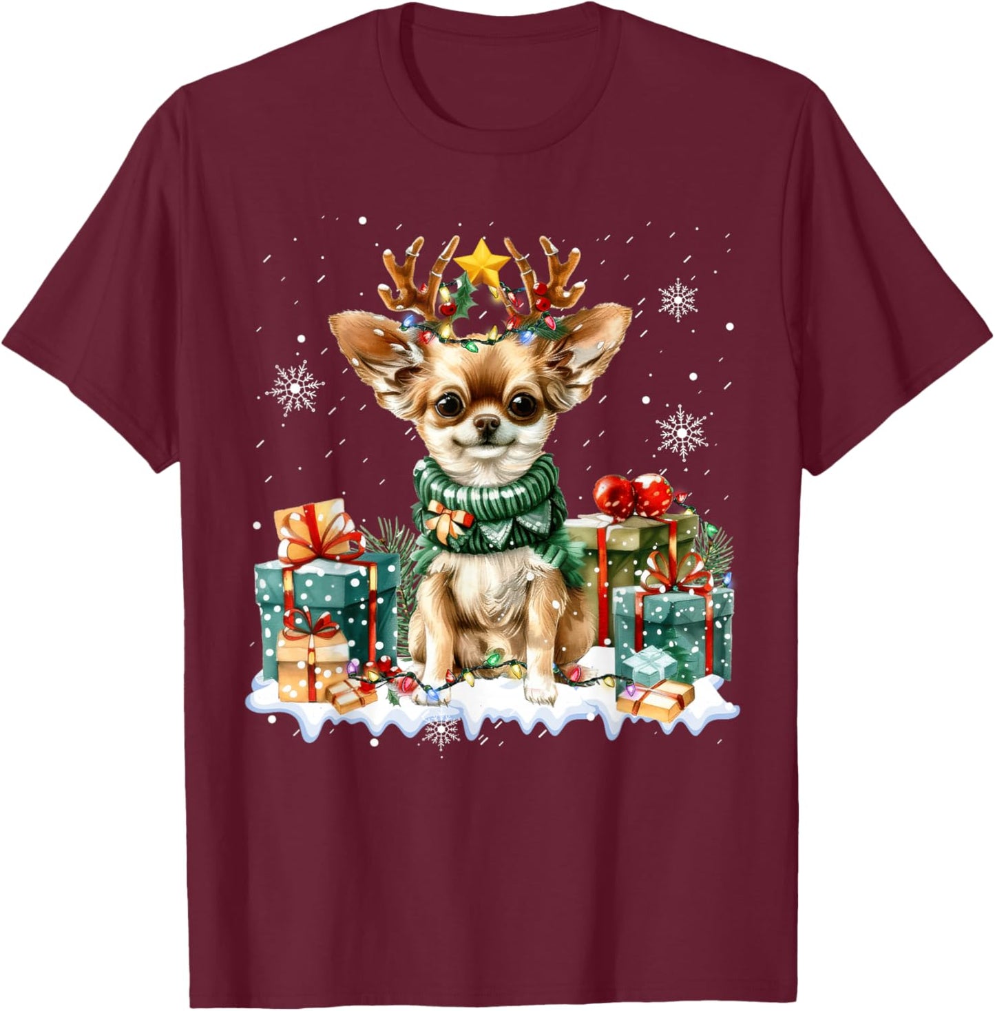 Reindeer Dog Christmas Lights Chihuahua Santa Hat Xmas Funny T-Shirt - T-Shirt | Maroon