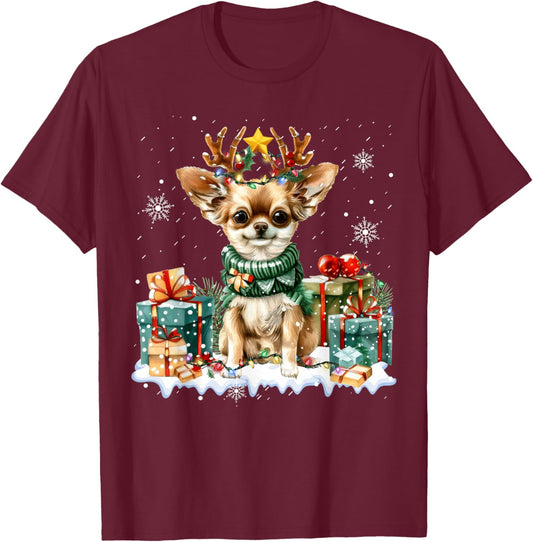 Reindeer Dog Christmas Lights Chihuahua Santa Hat Xmas Funny T-Shirt - T-Shirt | Maroon