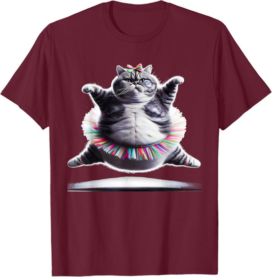 Funny Chubby Ballet Kitty Cat Wearing a Tutu Dancing. T-Shirt - T-Shirt | Maroon