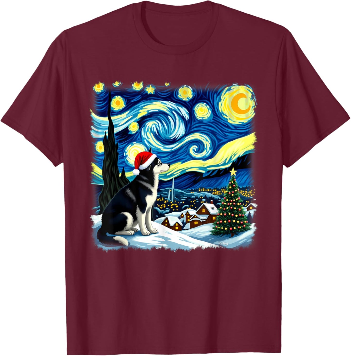 Christmas Husky Dog Starry Night Women Kids T-Shirt - T-Shirt | Maroon