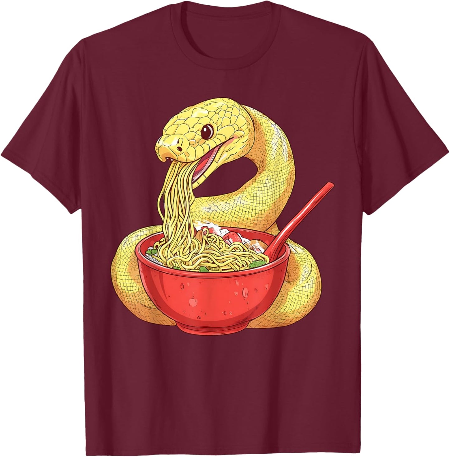 Ball Python Snake Eating Ramen Bowl Japanese Noodles T-Shirt - T-Shirt | Maroon