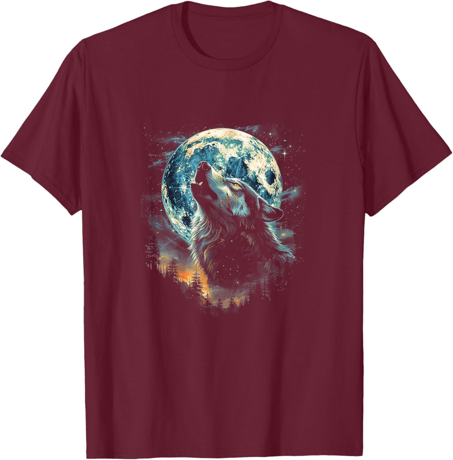 A Wolf in Moonlight Under the Night Sky T-Shirt - T-Shirt | Maroon