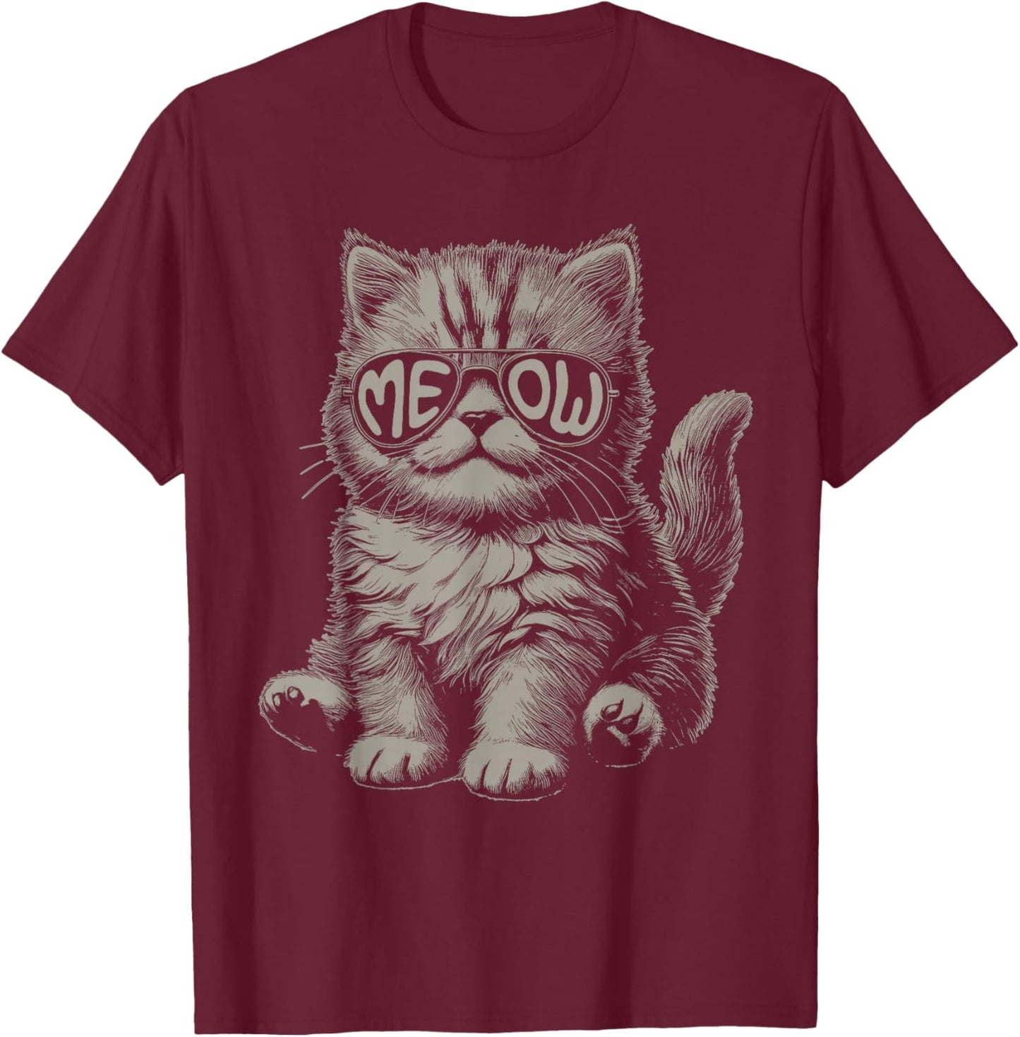 Funny Cat Meow Sunglasses Vintage Graphic T-Shirt - T-Shirt | Maroon