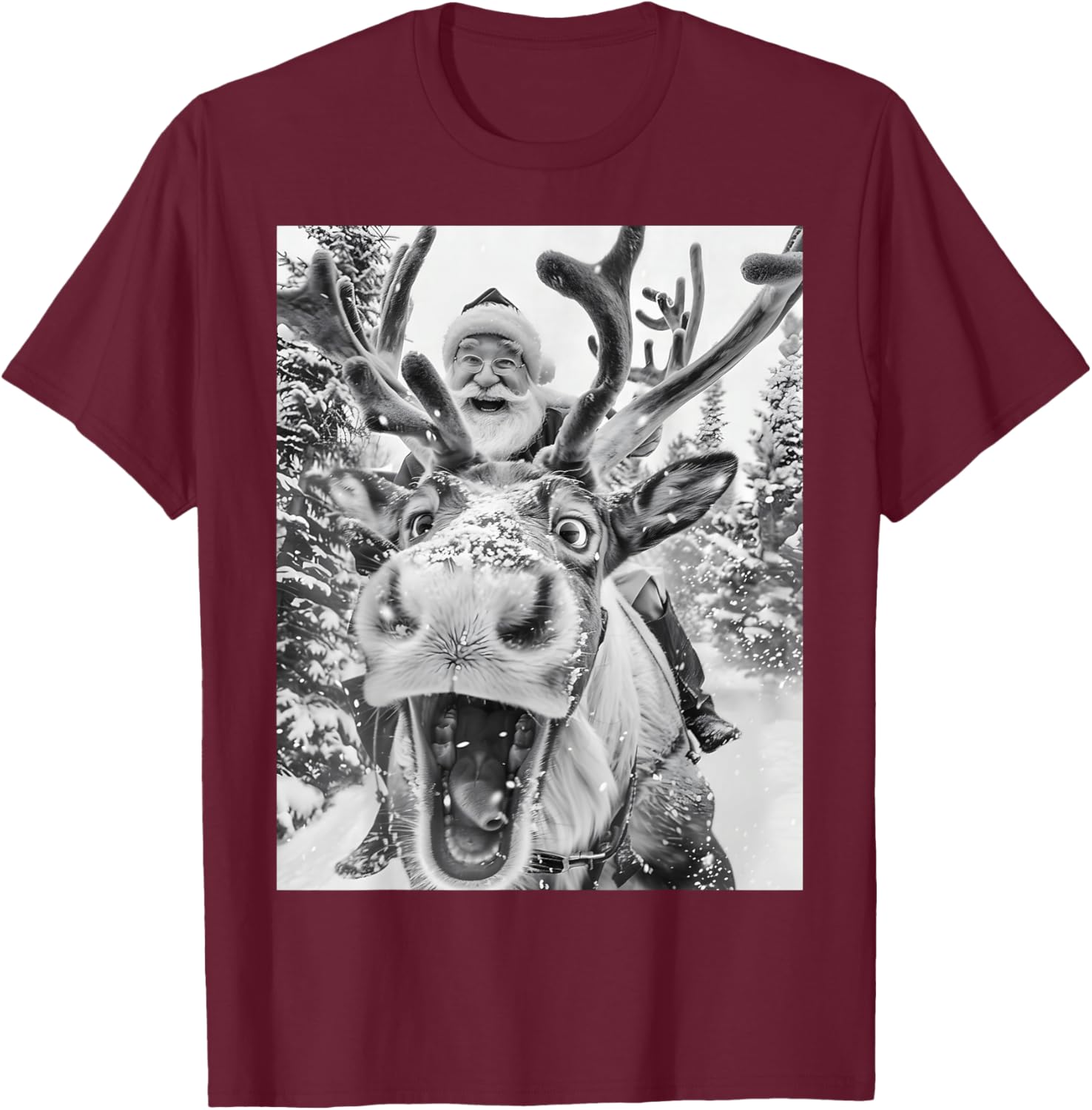 Funny Christmas Reindeer Selfie Santa Claus Xmas Sleigh T-Shirt - T-Shirt | Maroon