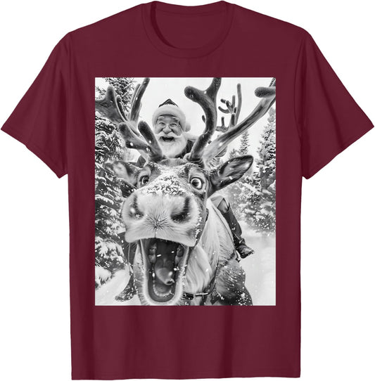 Funny Christmas Reindeer Selfie Santa Claus Xmas Sleigh T-Shirt - T-Shirt | Maroon