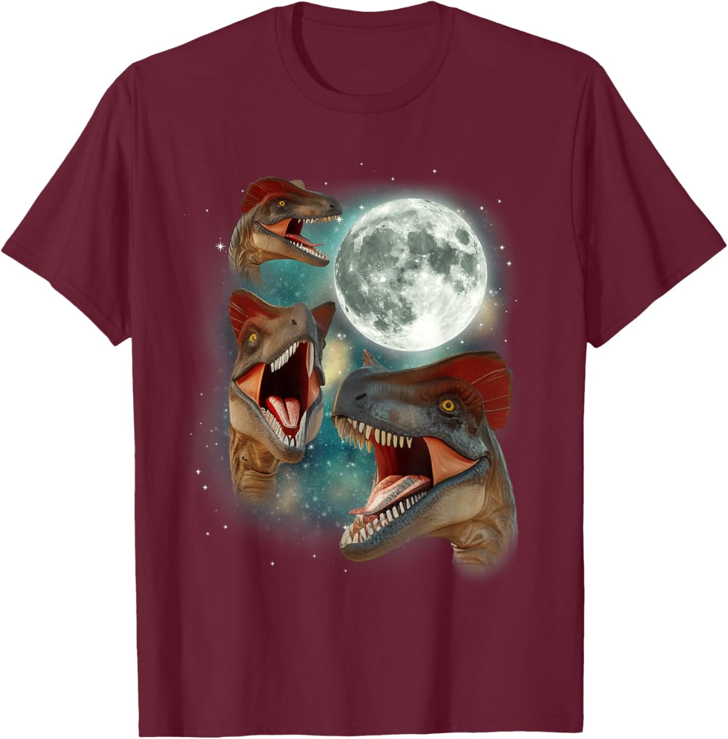Three Dilophosaurus Moon | 3 Dinosaur Prehistoric Roar Dino T-Shirt - T-Shirt | Maroon