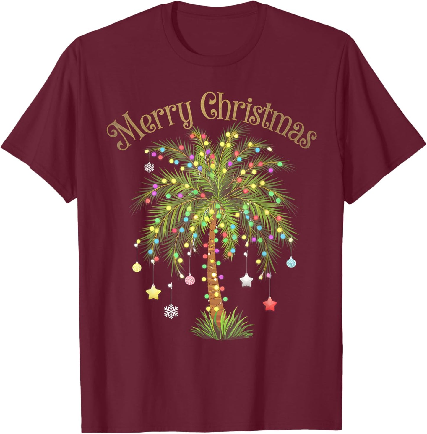Merry Christmas Palm Tree Light Hawaiian Tropical Christmas T-Shirt - T-Shirt | Maroon