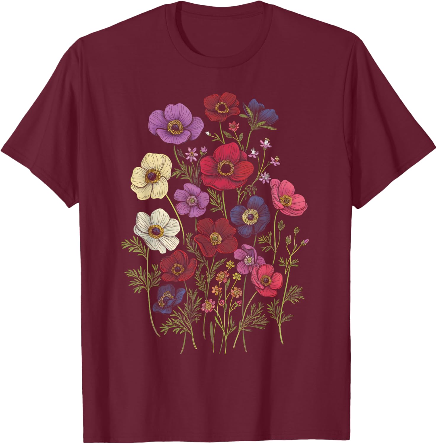 Vintage Botanical Anemone Flower Girl Cute Floral Plant Mom T-Shirt - T-Shirt | Maroon